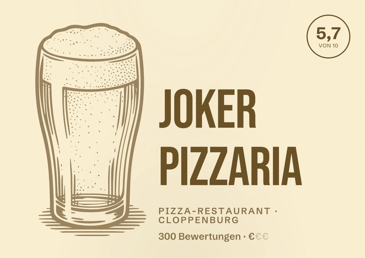 Illustriertes Poster von Joker Pizzaria, Pizza-Restaurant in Cloppenburg: Bewertung 5,7 von 10 aus 300 Bewertungen, Preisniveau €