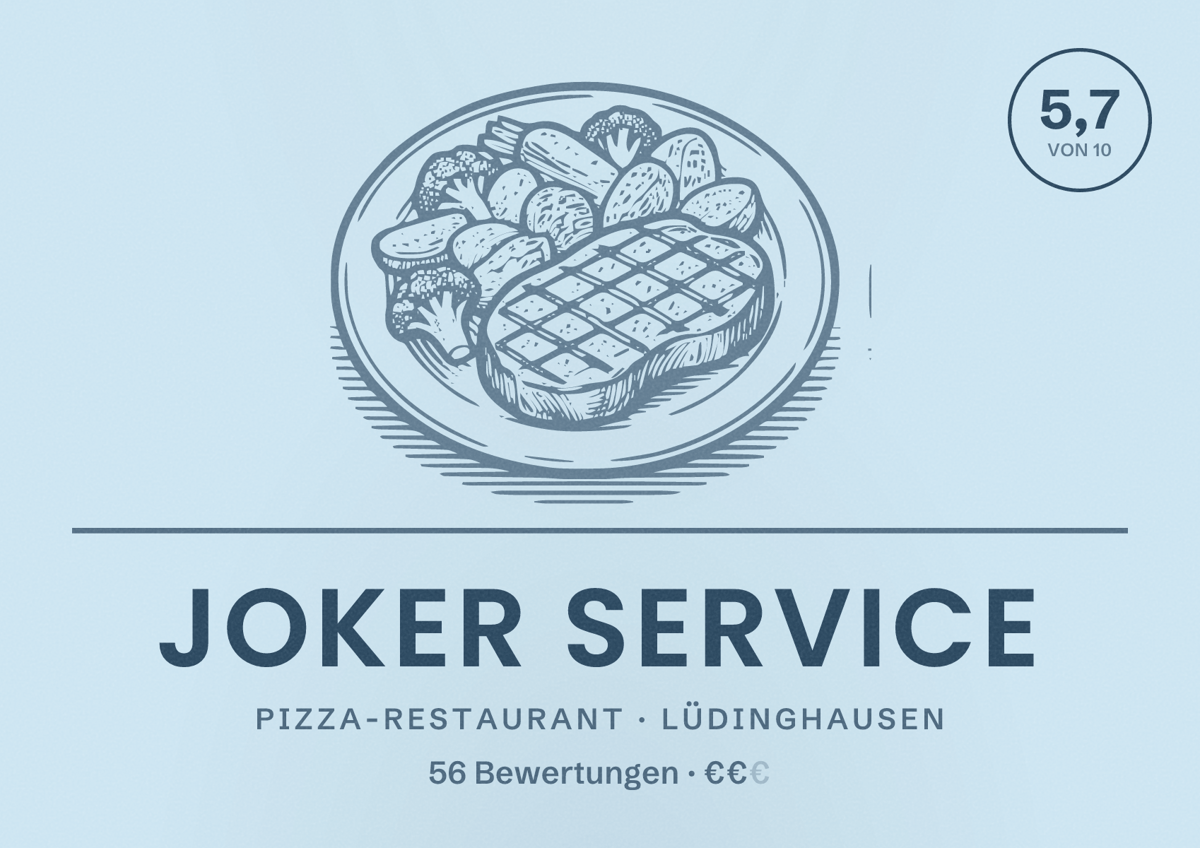 Illustriertes Poster von Joker Service, Pizza-Restaurant in Lüdinghausen: Bewertung 5,7 von 10 aus 56 Bewertungen, Preisniveau €€