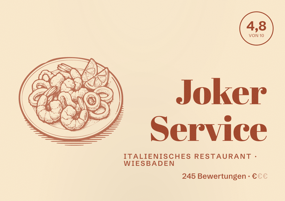 Illustriertes Poster von Joker Service, Italienisches Restaurant in Wiesbaden: Bewertung 4,8 von 10 aus 245 Bewertungen, Preisniveau €
