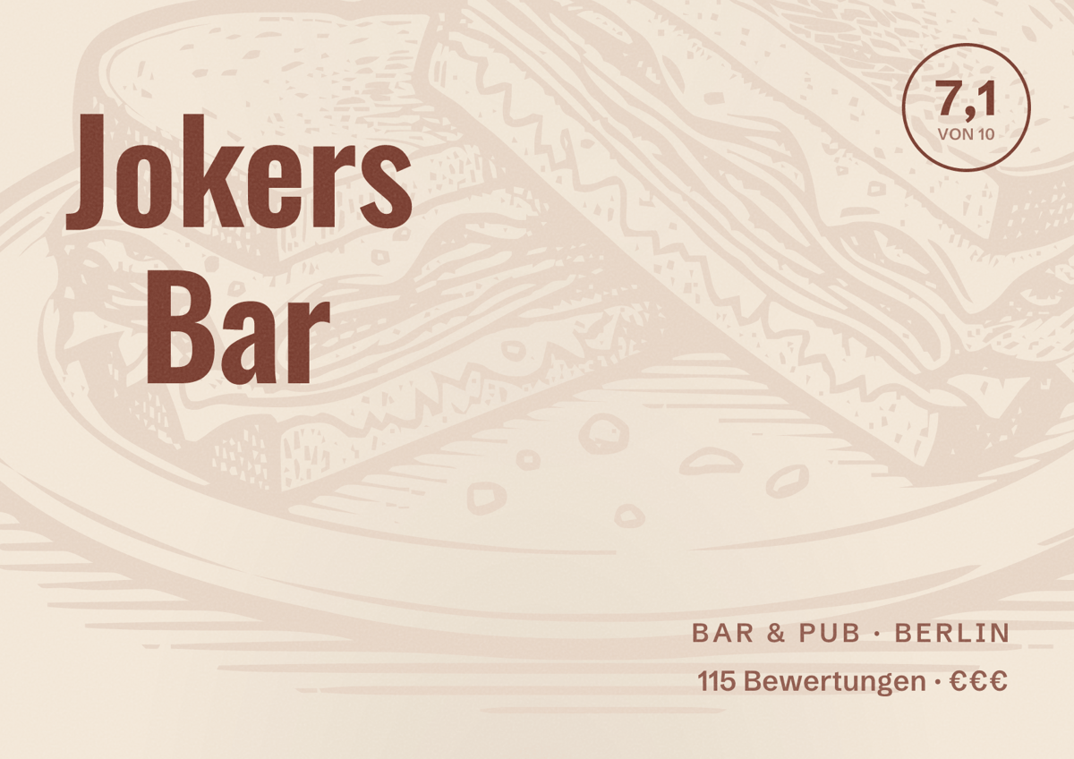 Illustriertes Poster von Jokers Bar, Bar & Pub in Berlin: Bewertung 7,1 von 10 aus 115 Bewertungen, Preisniveau €€€