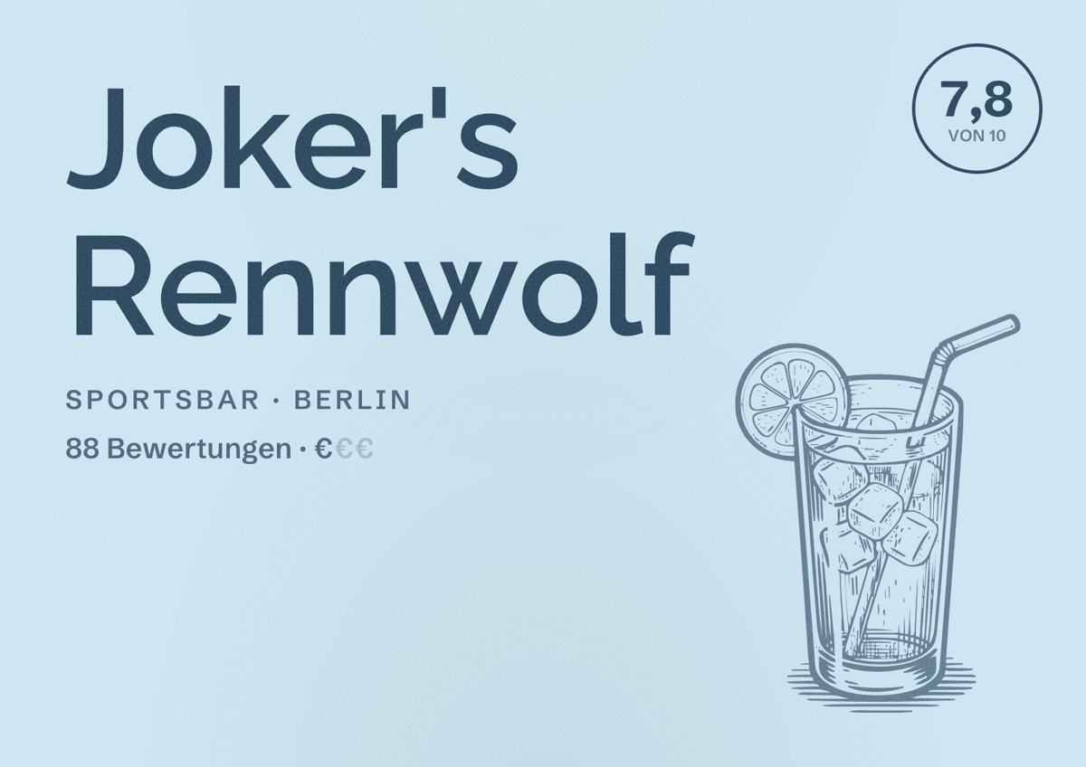 Illustriertes Poster von Joker's Rennwolf, Sportsbar in Berlin: Bewertung 7,8 von 10 aus 88 Bewertungen, Preisniveau €