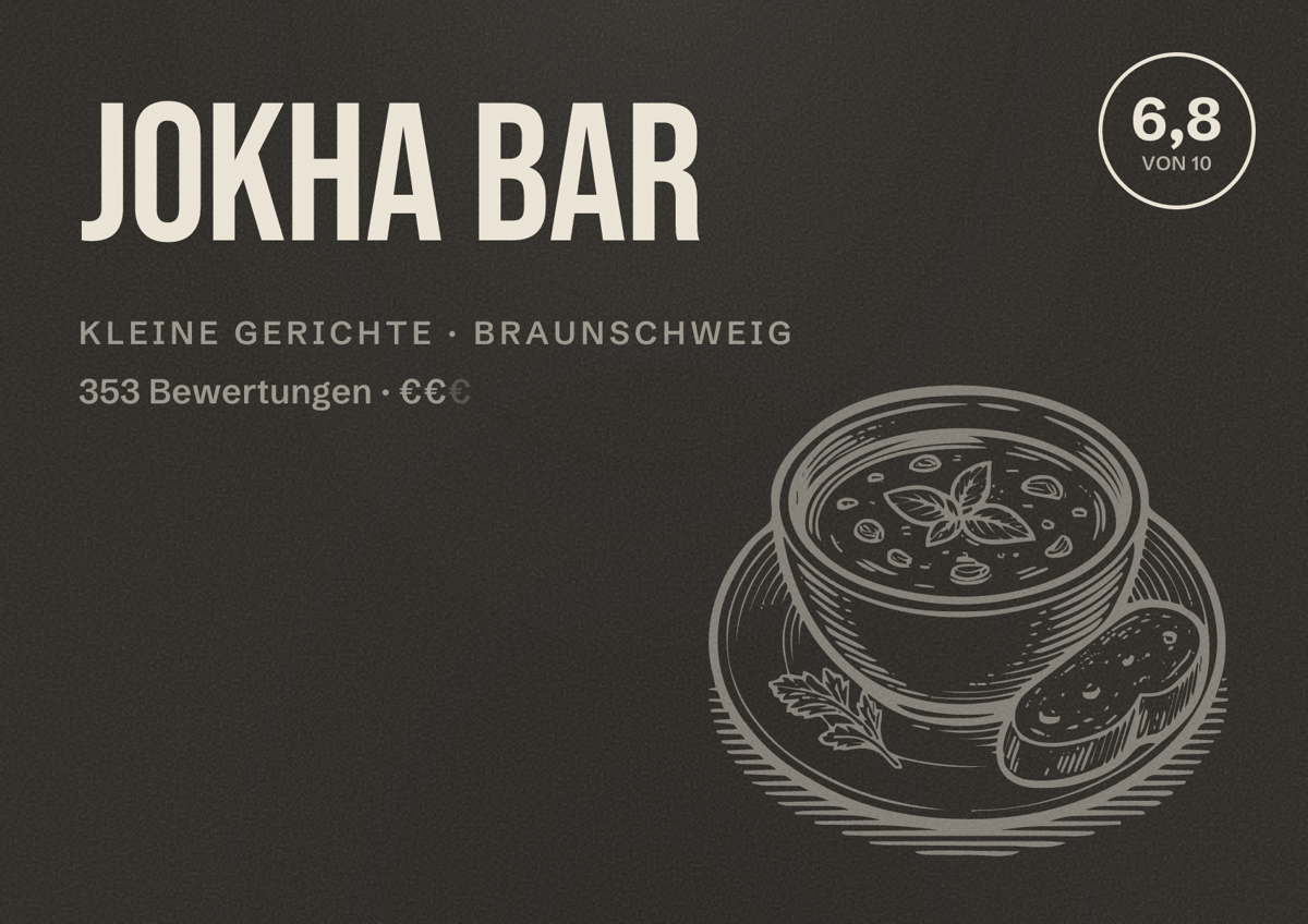 Illustriertes Poster von Jokha Bar, Kleine Gerichte in Braunschweig: Bewertung 6,8 von 10 aus 353 Bewertungen, Preisniveau €€