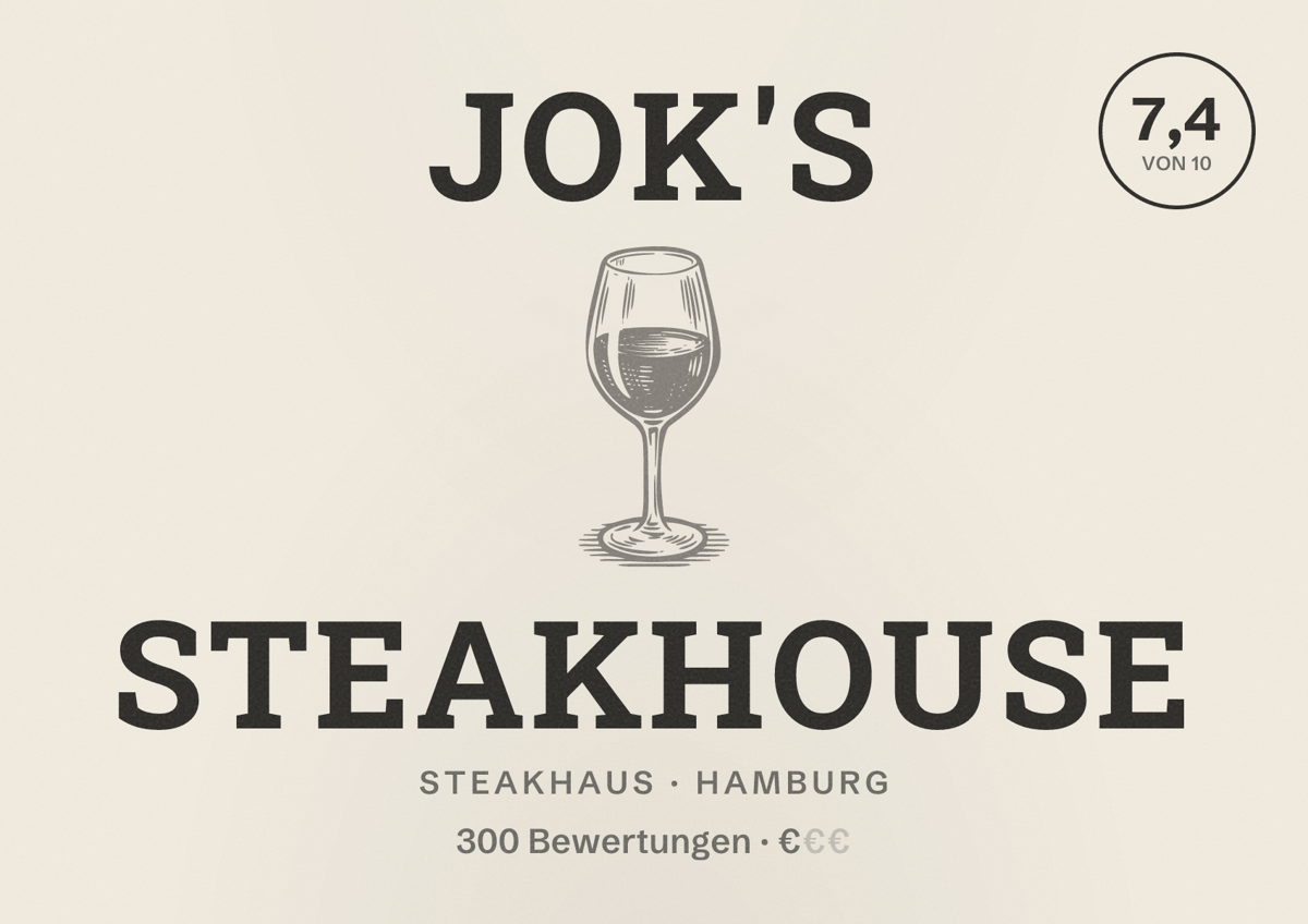 Illustriertes Poster von Jok's Steakhouse, Steakhaus in Hamburg: Bewertung 7,4 von 10 aus 300 Bewertungen, Preisniveau €