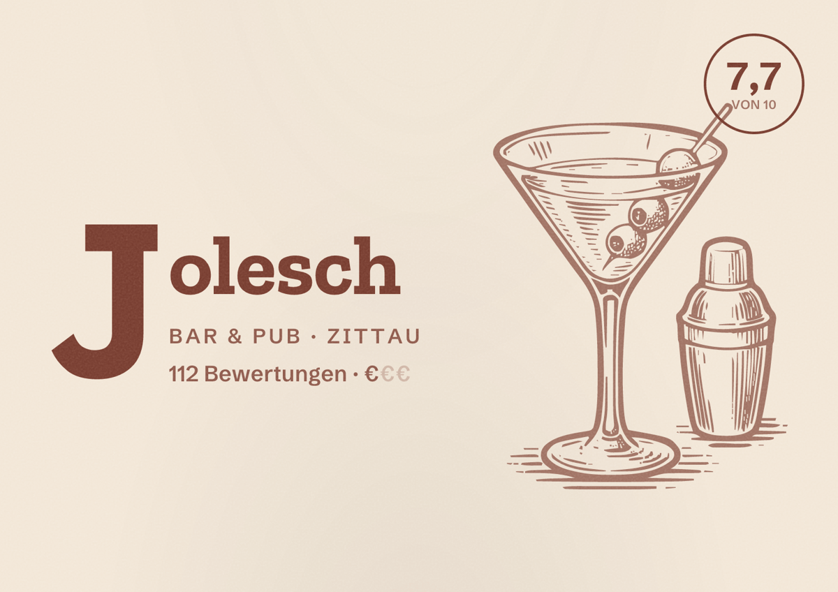 Illustriertes Poster von Jolesch, Bar & Pub in Zittau: Bewertung 7,7 von 10 aus 112 Bewertungen, Preisniveau €