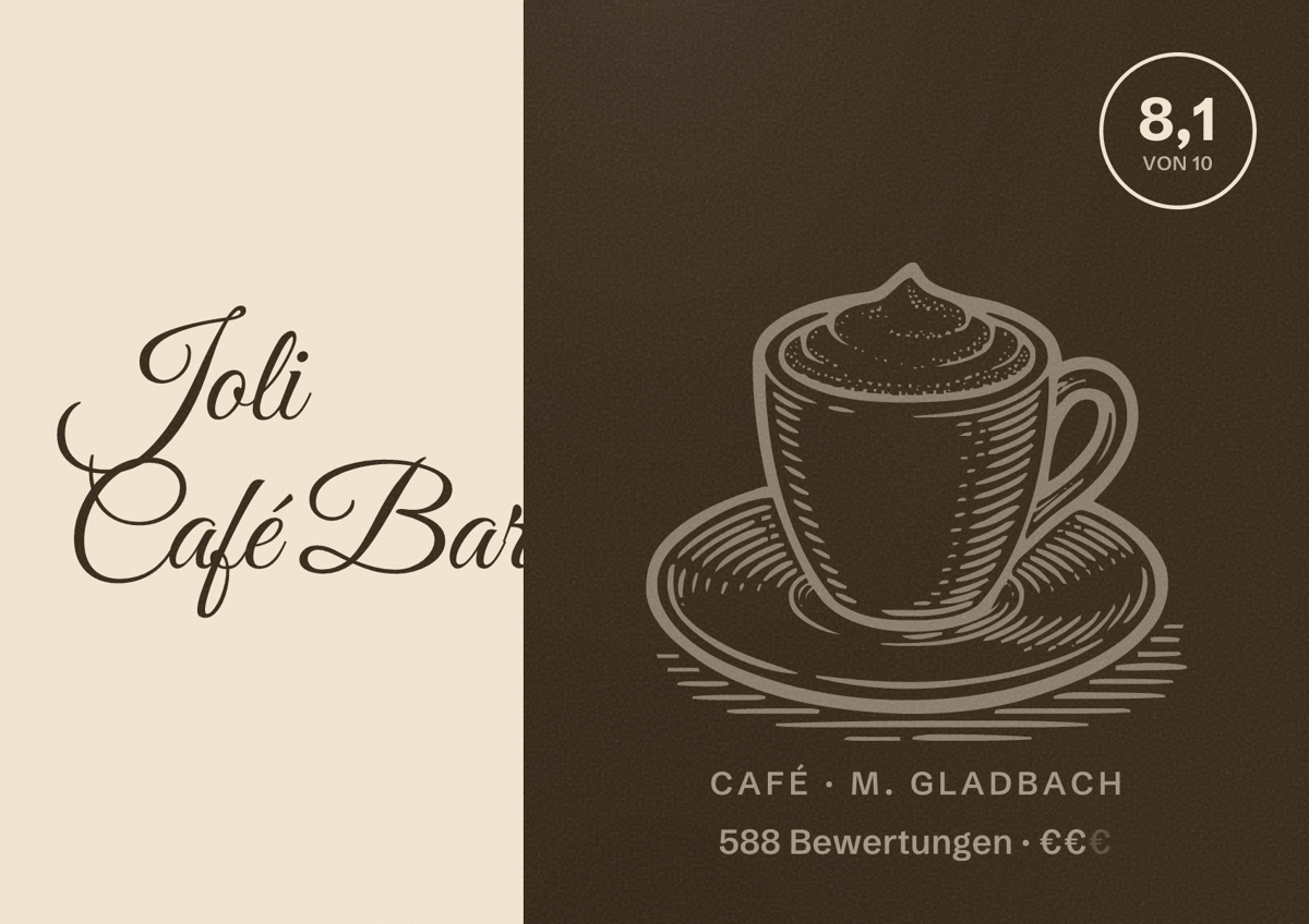 Illustriertes Poster von Joli Café Bar, Café in M. Gladbach: Bewertung 8,1 von 10 aus 588 Bewertungen, Preisniveau €€