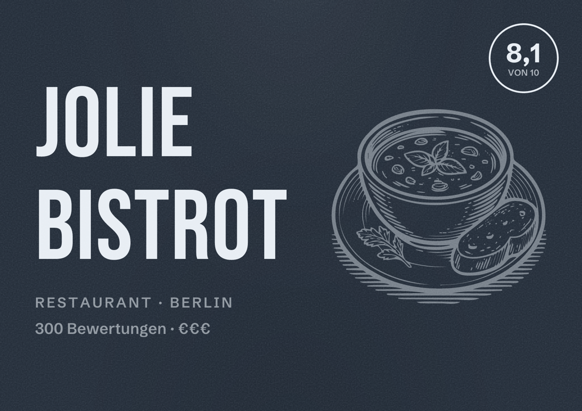 Illustriertes Poster von Jolie Bistrot, Restaurant in Berlin: Bewertung 8,1 von 10 aus 300 Bewertungen, Preisniveau €€€
