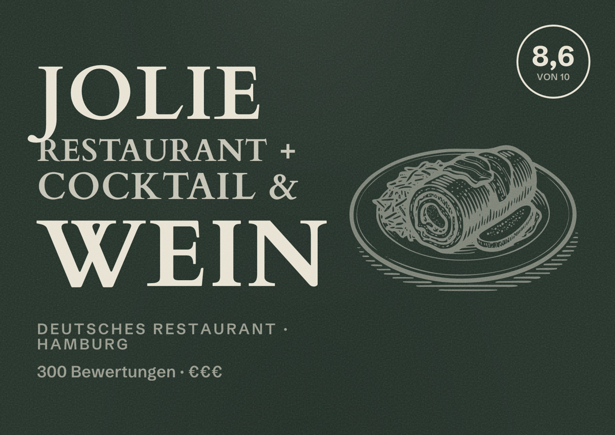 Illustriertes Poster von Jolie Restaurant + Cocktail & Wein, Deutsches Restaurant in Hamburg: Bewertung 8,6 von 10 aus 300 Bewertungen, Preisniveau €€€