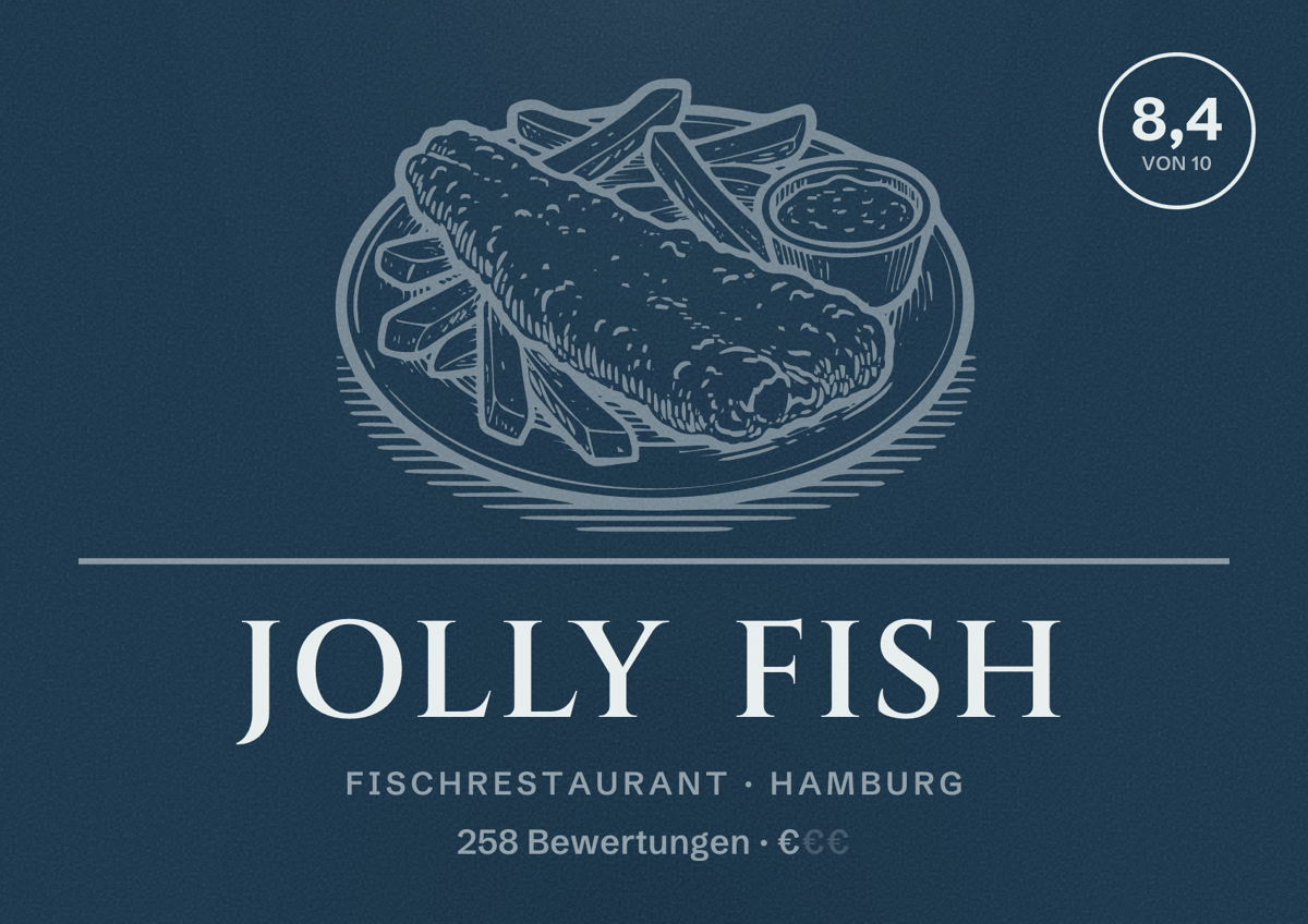 Illustriertes Poster von Jolly Fish, Fischrestaurant in Hamburg: Bewertung 8,4 von 10 aus 258 Bewertungen, Preisniveau €