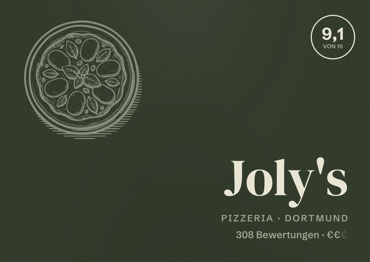 Illustriertes Poster von Joly's, Pizzeria in Dortmund: Bewertung 9,1 von 10 aus 308 Bewertungen, Preisniveau €€