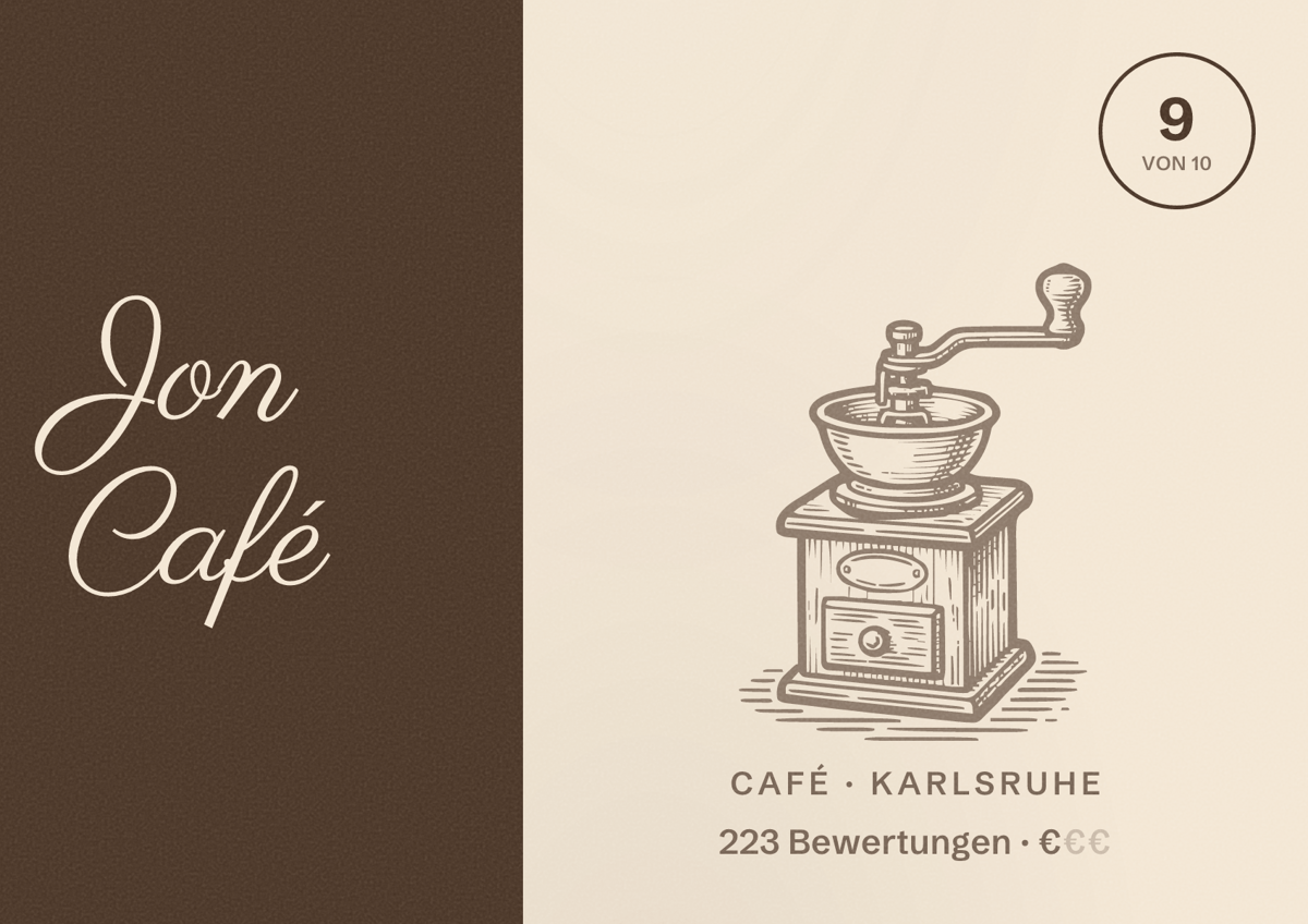 Illustriertes Poster von Jon Café, Café in Karlsruhe: Bewertung 9 von 10 aus 223 Bewertungen, Preisniveau €