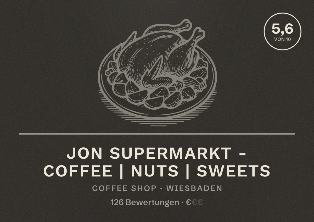 Illustriertes Poster von Jon Supermarkt - coffee | nuts | sweets, Coffee Shop in Wiesbaden: Bewertung 5,6 von 10 aus 126 Bewertungen, Preisniveau €