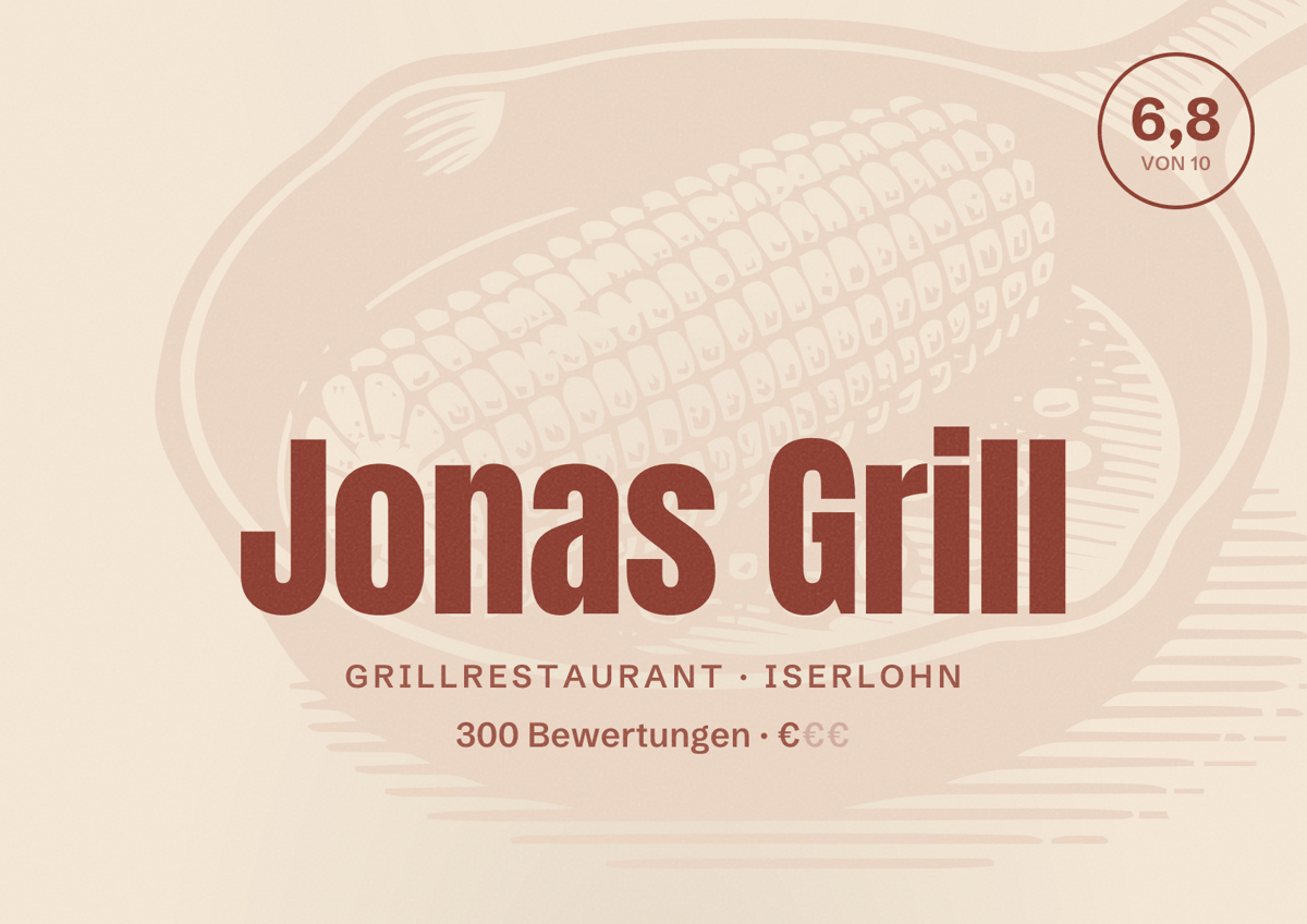 Illustriertes Poster von Jonas Grill, Grillrestaurant in Iserlohn: Bewertung 6,8 von 10 aus 300 Bewertungen, Preisniveau €
