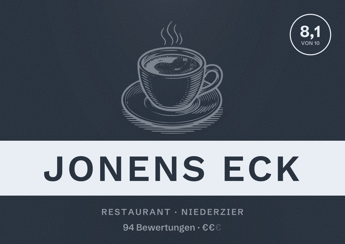 Illustriertes Poster von Jonens Eck, Restaurant in Niederzier: Bewertung 8,1 von 10 aus 94 Bewertungen, Preisniveau €€