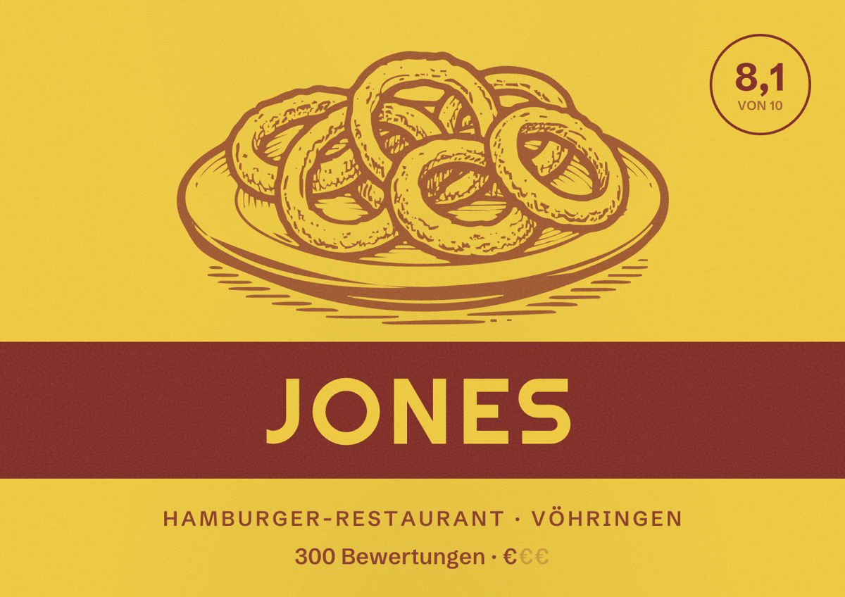 Illustriertes Poster von Jones, Hamburger-Restaurant in Vöhringen: Bewertung 8,1 von 10 aus 300 Bewertungen, Preisniveau €