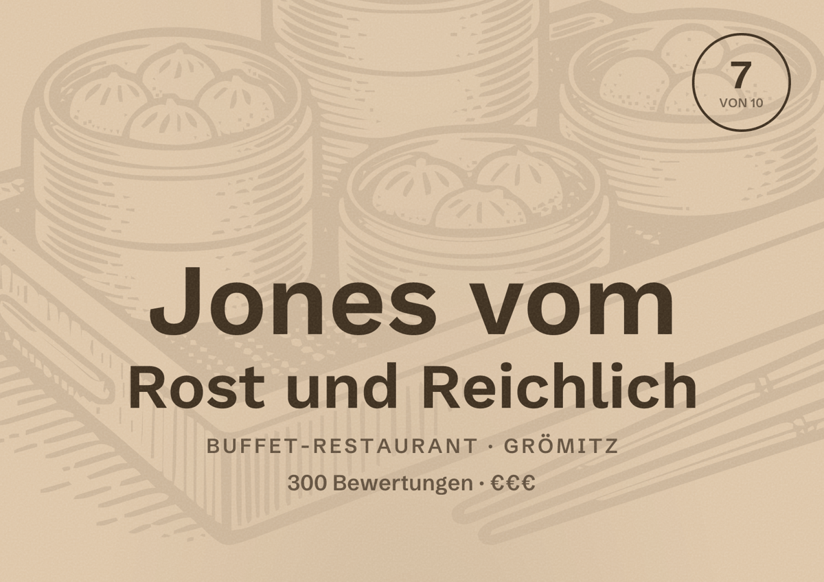 Illustriertes Poster von Jones vom Rost und Reichlich, Buffet-Restaurant in Grömitz: Bewertung 7 von 10 aus 300 Bewertungen, Preisniveau €€€