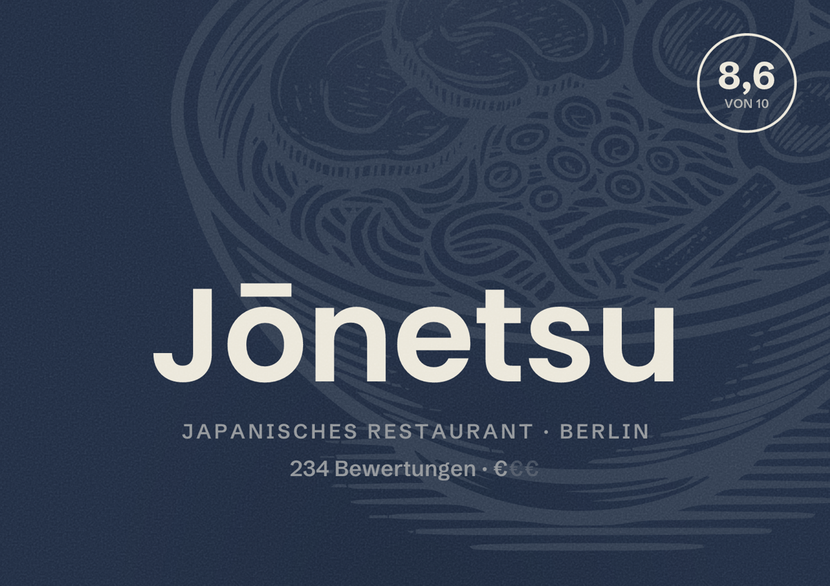 Illustriertes Poster von Jōnetsu, Japanisches Restaurant in Berlin: Bewertung 8,6 von 10 aus 234 Bewertungen, Preisniveau €