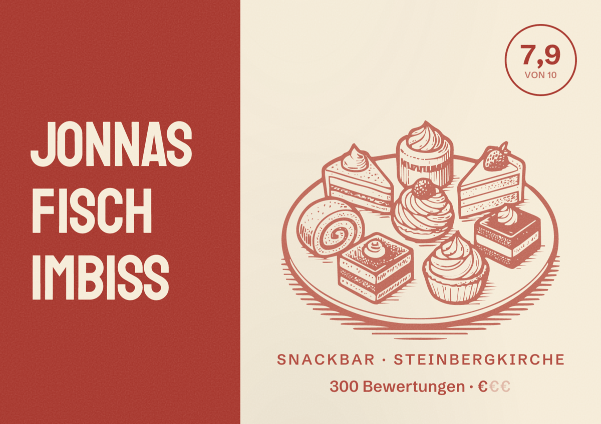 Illustriertes Poster von Jonnas Fisch Imbiss, Snackbar in Steinbergkirche: Bewertung 7,9 von 10 aus 300 Bewertungen, Preisniveau €