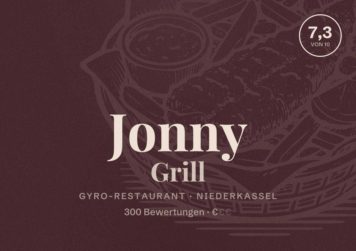 Illustriertes Poster von Jonny Grill, Gyro-Restaurant in Niederkassel: Bewertung 7,3 von 10 aus 300 Bewertungen, Preisniveau €