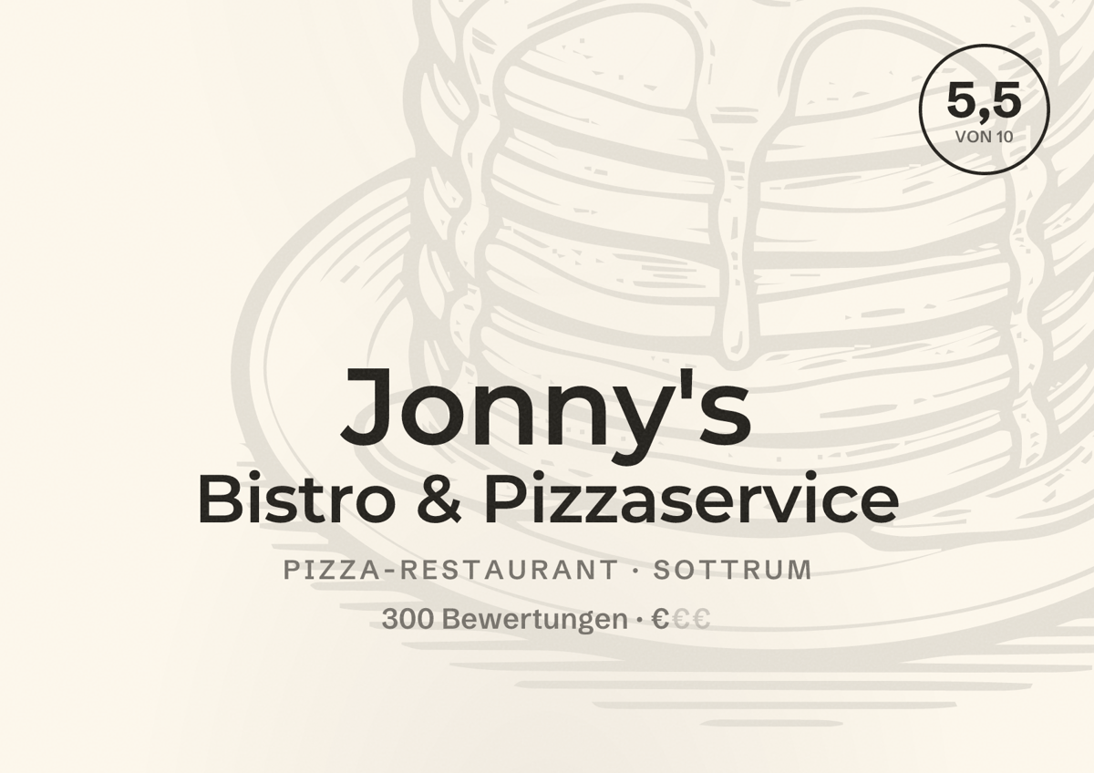 Illustriertes Poster von Jonny's Bistro & Pizzaservice, Pizza-Restaurant in Sottrum: Bewertung 5,5 von 10 aus 300 Bewertungen, Preisniveau €