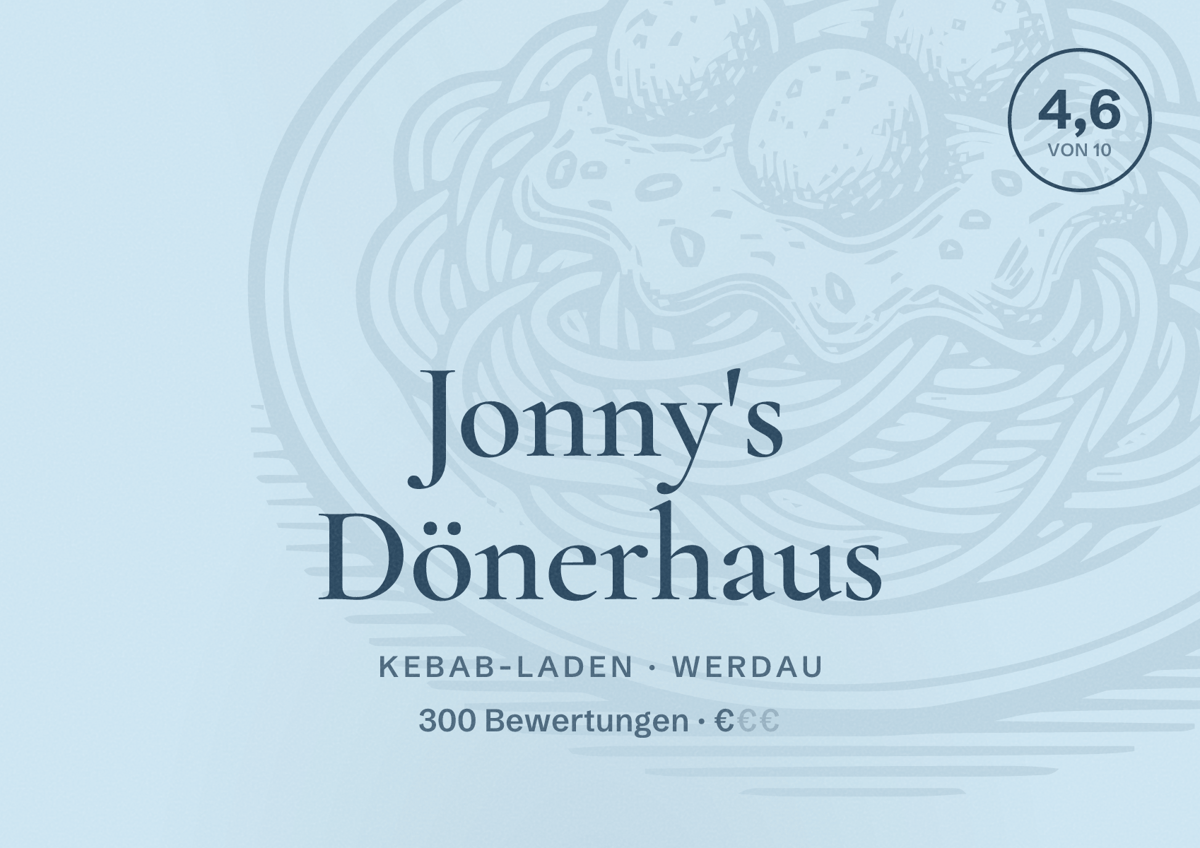 Illustriertes Poster von Jonny's Dönerhaus, Kebab-Laden in Werdau: Bewertung 4,6 von 10 aus 300 Bewertungen, Preisniveau €