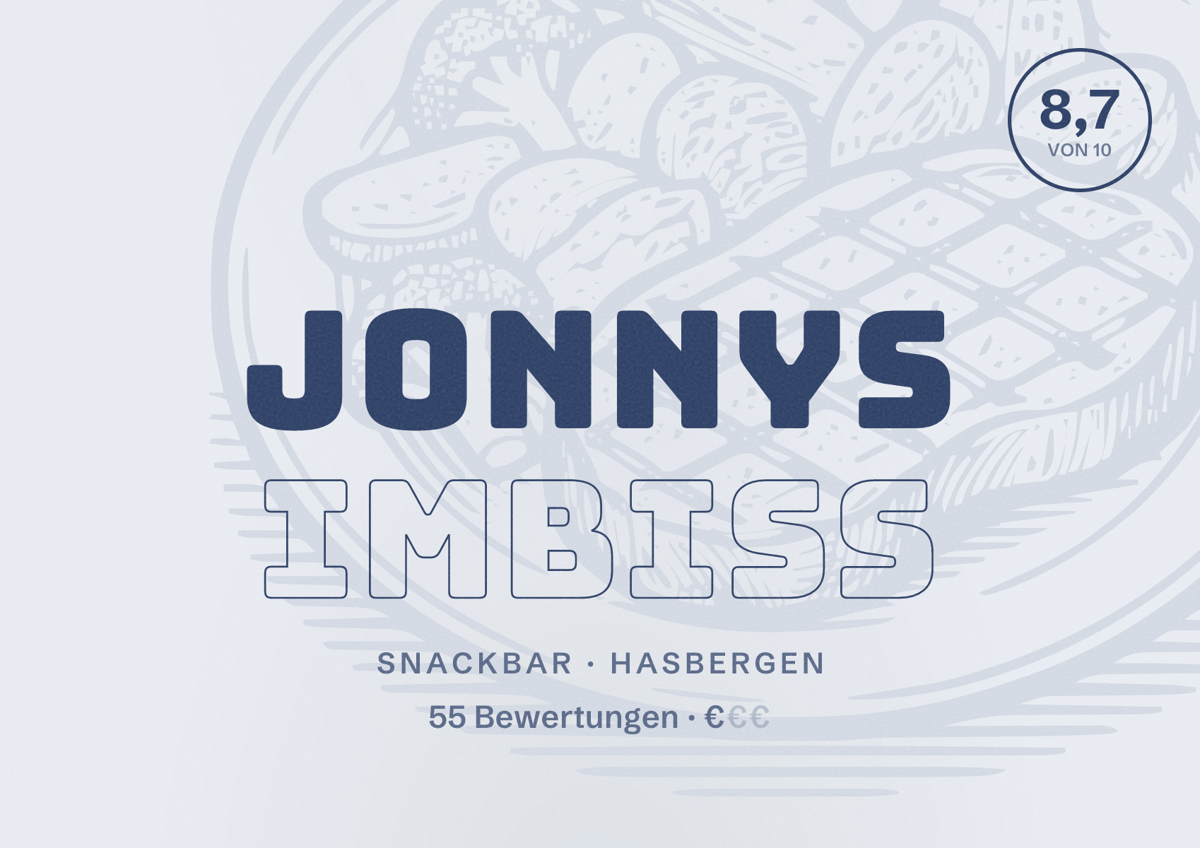 Illustriertes Poster von Jonnys Imbiss, Snackbar in Hasbergen: Bewertung 8,7 von 10 aus 55 Bewertungen, Preisniveau €
