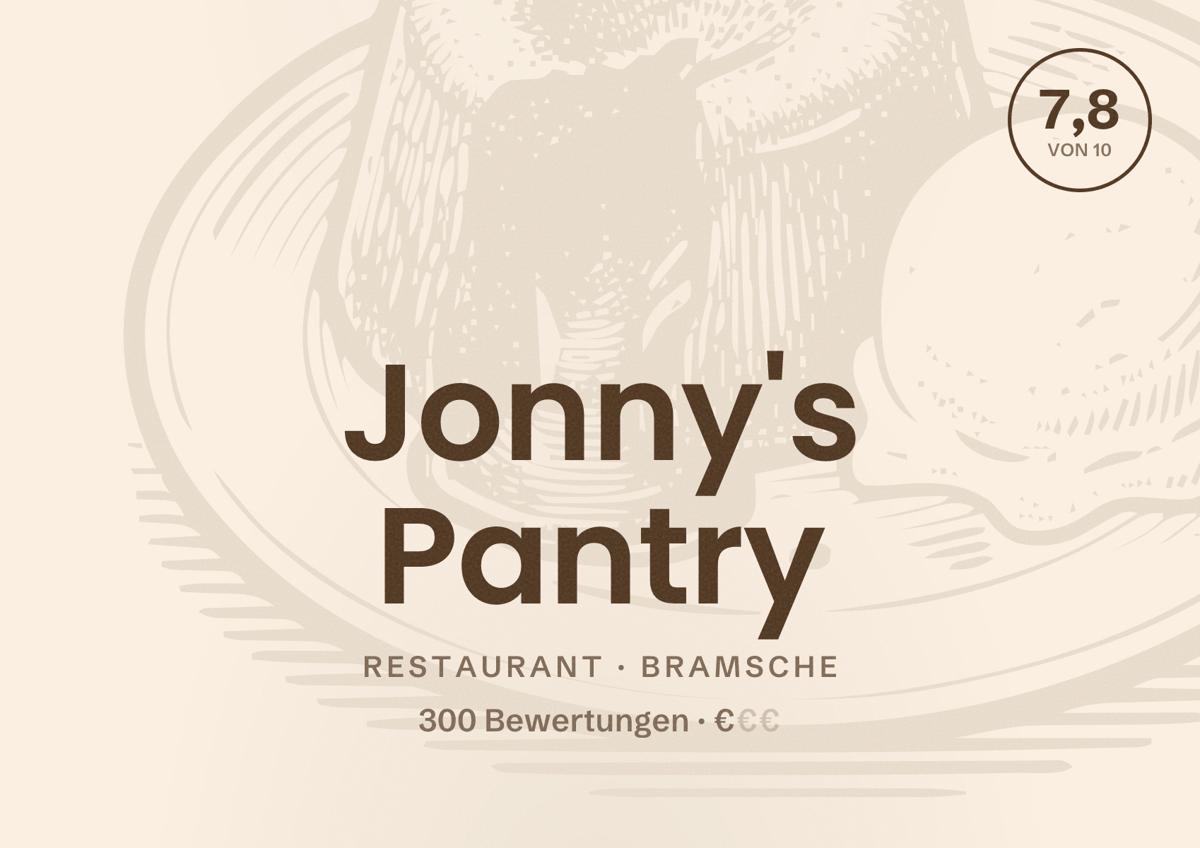 Illustriertes Poster von Jonny's Pantry, Restaurant in Bramsche: Bewertung 7,8 von 10 aus 300 Bewertungen, Preisniveau €