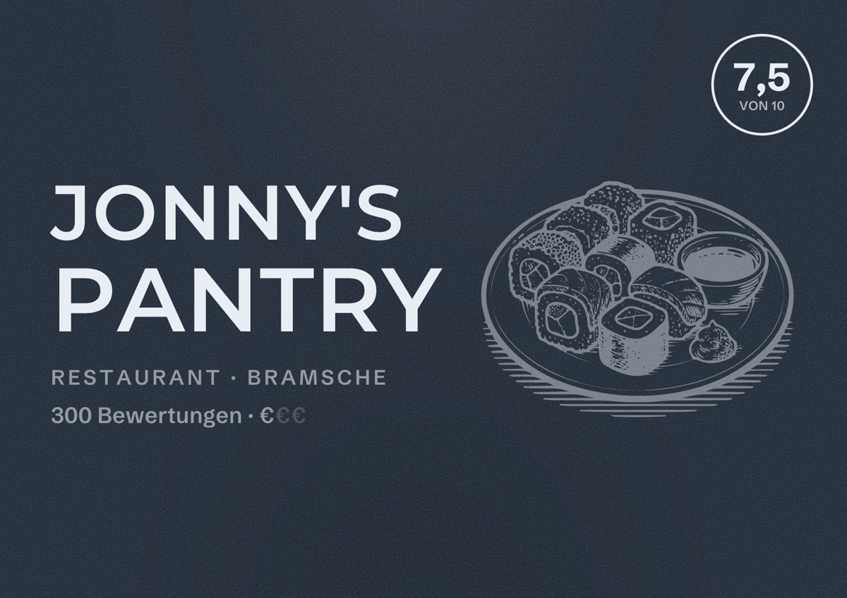 Illustriertes Poster von Jonny's Pantry, Restaurant in Bramsche: Bewertung 7,5 von 10 aus 300 Bewertungen, Preisniveau €