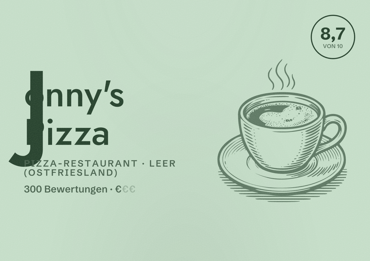 Illustriertes Poster von Jonny's Pizza, Pizza-Restaurant in Leer (Ostfriesland): Bewertung 8,7 von 10 aus 300 Bewertungen, Preisniveau €