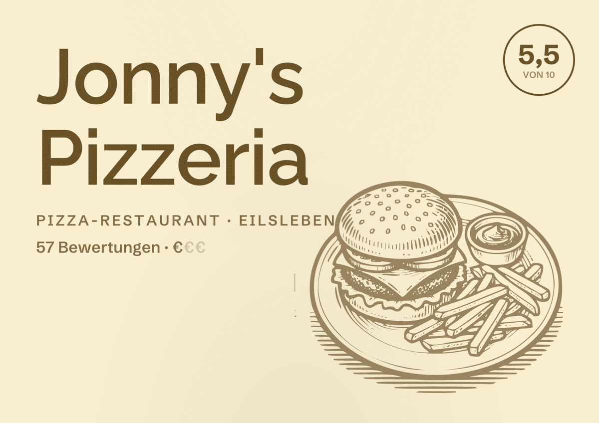 Illustriertes Poster von Jonny's Pizzeria, Pizza-Restaurant in Eilsleben: Bewertung 5,5 von 10 aus 57 Bewertungen, Preisniveau €