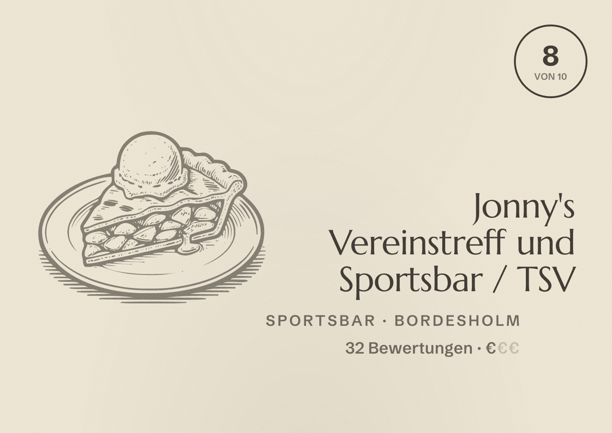 Illustriertes Poster von Jonny's Vereinstreff und Sportsbar / TSV, Sportsbar in Bordesholm: Bewertung 8 von 10 aus 32 Bewertungen, Preisniveau €