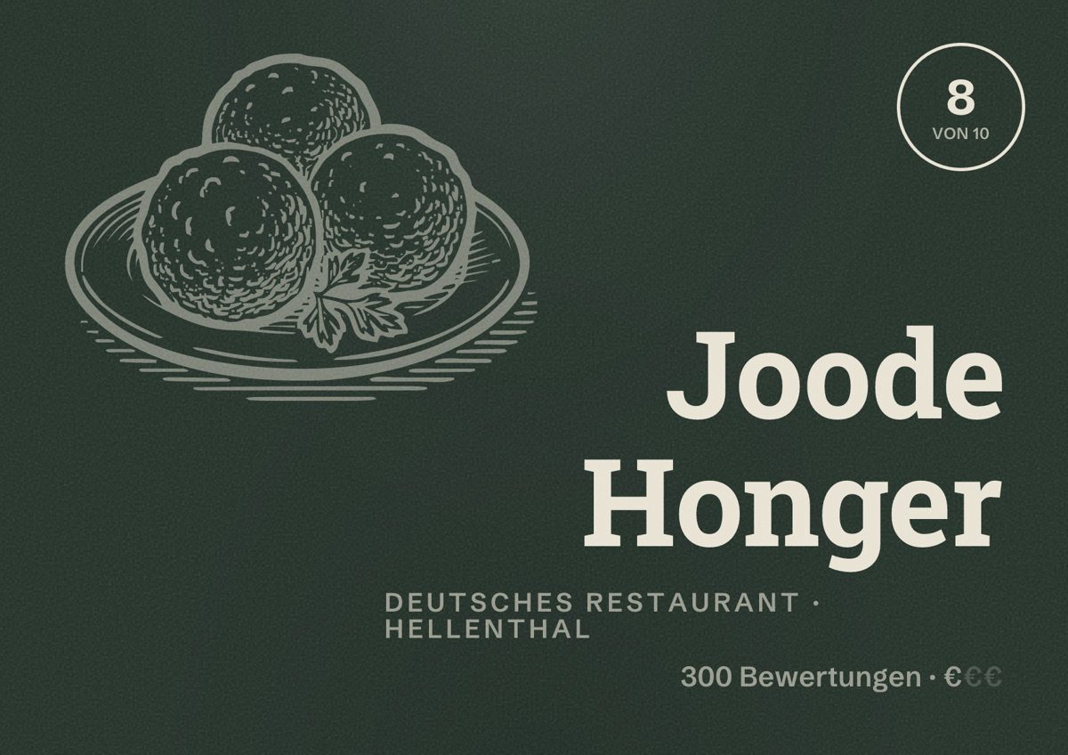 Illustriertes Poster von Joode Honger, Deutsches Restaurant in Hellenthal: Bewertung 8 von 10 aus 300 Bewertungen, Preisniveau €