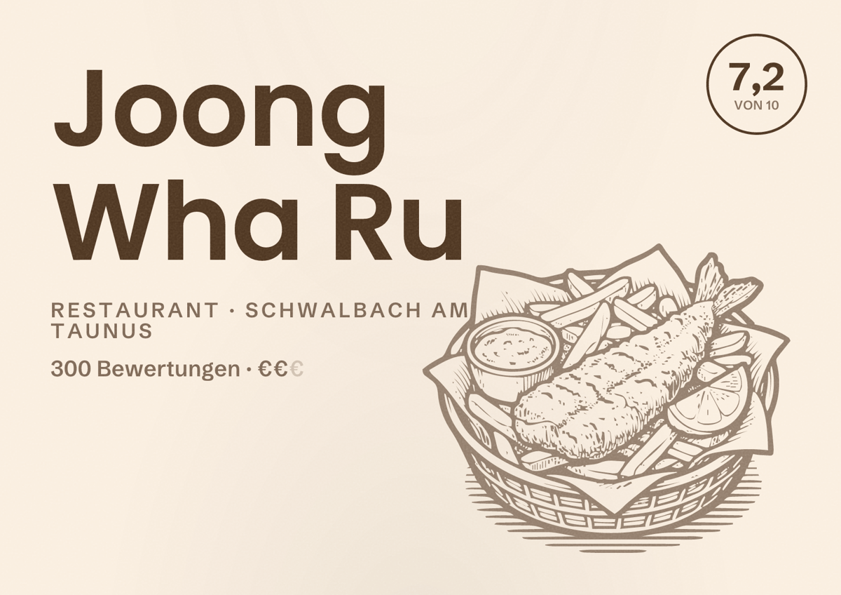 Illustriertes Poster von Joong Wha Ru, Restaurant in Schwalbach am Taunus: Bewertung 7,2 von 10 aus 300 Bewertungen, Preisniveau €€