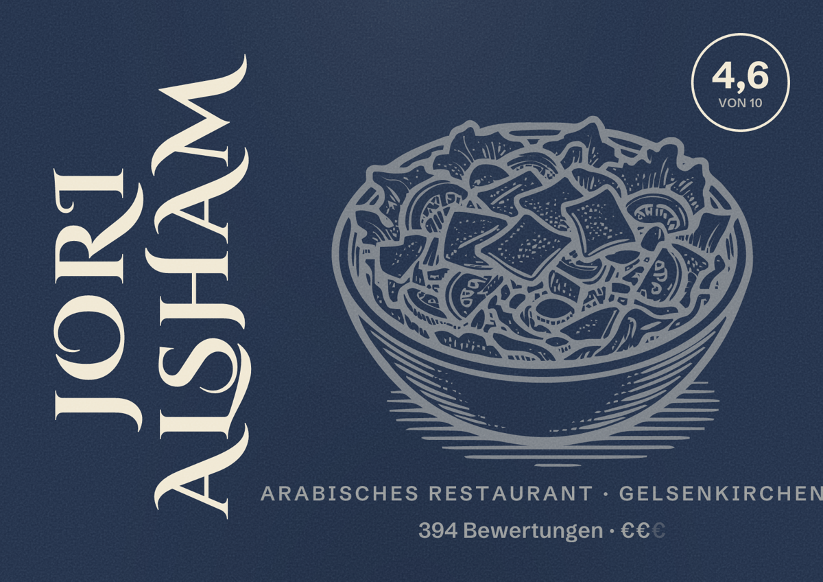 Illustriertes Poster von Jori Alsham, Arabisches Restaurant in Gelsenkirchen: Bewertung 4,6 von 10 aus 394 Bewertungen, Preisniveau €€