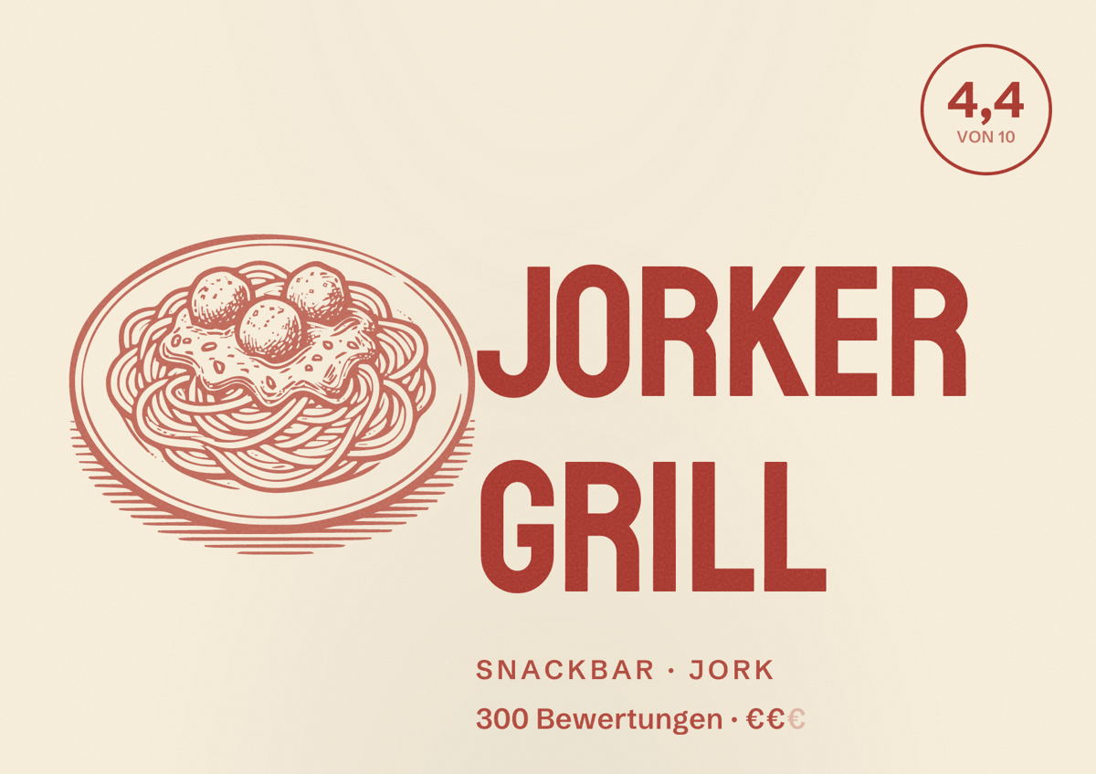 Illustriertes Poster von Jorker Grill, Snackbar in Jork: Bewertung 4,4 von 10 aus 300 Bewertungen, Preisniveau €€