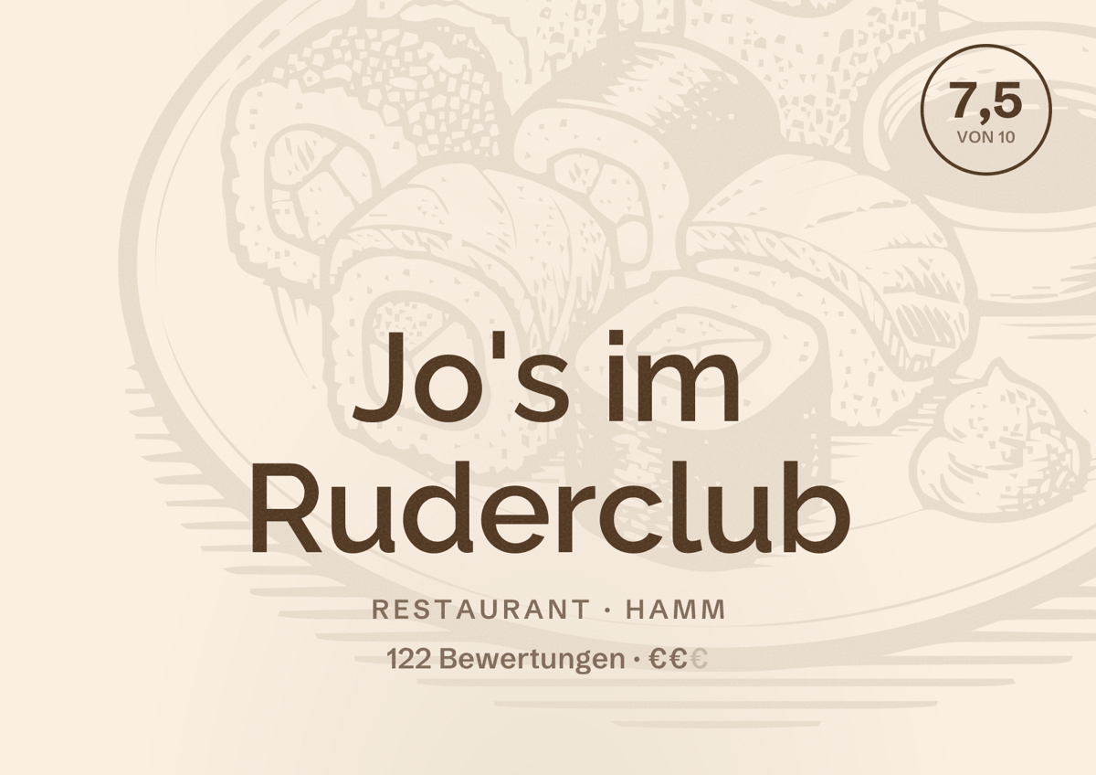 Illustriertes Poster von Jo's im Ruderclub, Restaurant in Hamm: Bewertung 7,5 von 10 aus 122 Bewertungen, Preisniveau €€