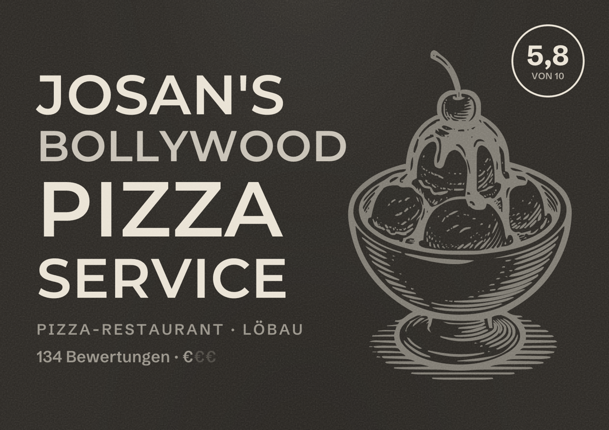 Illustriertes Poster von Josan's bollywood pizza service, Pizza-Restaurant in Löbau: Bewertung 5,8 von 10 aus 134 Bewertungen, Preisniveau €