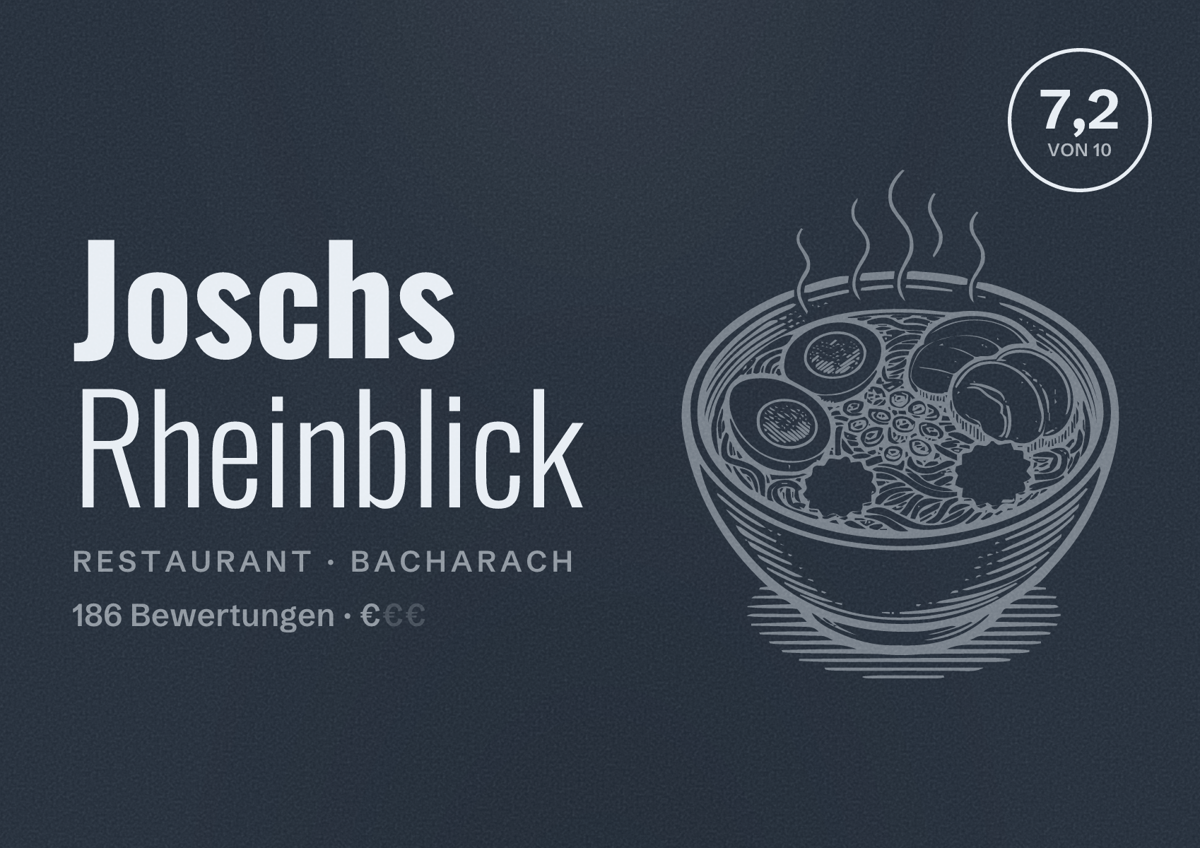 Illustriertes Poster von Joschs Rheinblick, Restaurant in Bacharach: Bewertung 7,2 von 10 aus 186 Bewertungen, Preisniveau €