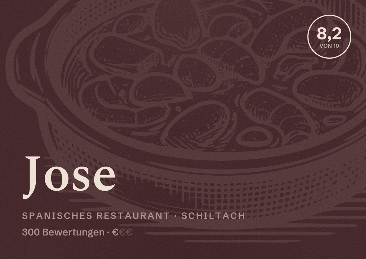Illustriertes Poster von Jose, Spanisches Restaurant in Schiltach: Bewertung 8,2 von 10 aus 300 Bewertungen, Preisniveau €