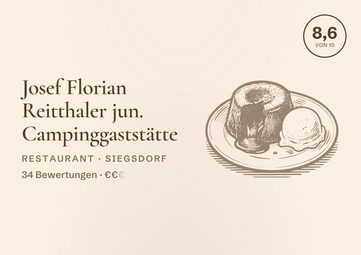 Illustriertes Poster von Josef Florian Reitthaler jun. Campinggaststätte, Restaurant in Siegsdorf: Bewertung 8,6 von 10 aus 34 Bewertungen, Preisniveau €€