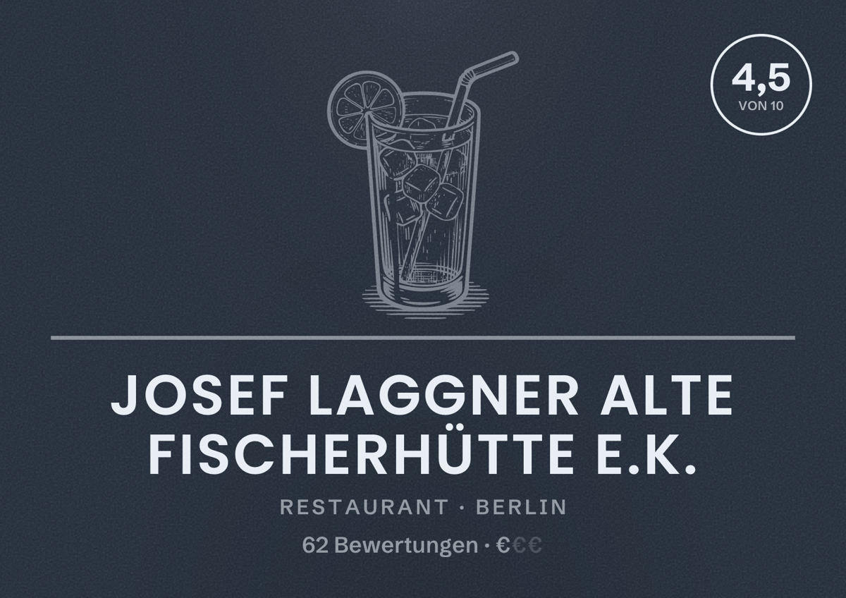 Illustriertes Poster von Josef Laggner Alte Fischerhütte e.K., Restaurant in Berlin: Bewertung 4,5 von 10 aus 62 Bewertungen, Preisniveau €