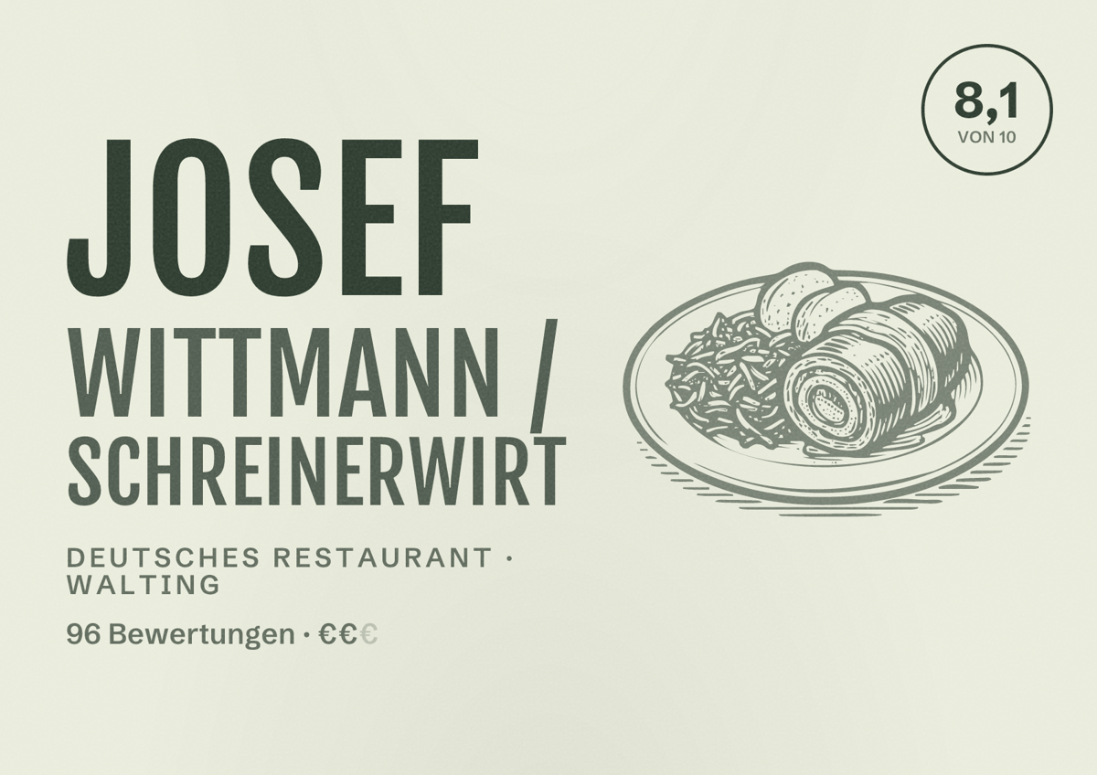 Illustriertes Poster von Josef Wittmann / Schreinerwirt, Deutsches Restaurant in Walting: Bewertung 8,1 von 10 aus 96 Bewertungen, Preisniveau €€