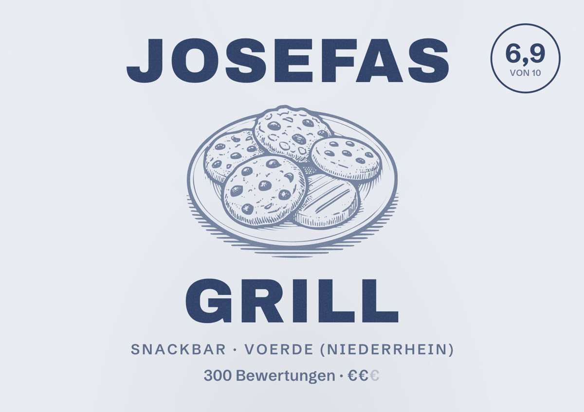 Illustriertes Poster von Josefas Grill, Snackbar in Voerde (Niederrhein): Bewertung 6,9 von 10 aus 300 Bewertungen, Preisniveau €€
