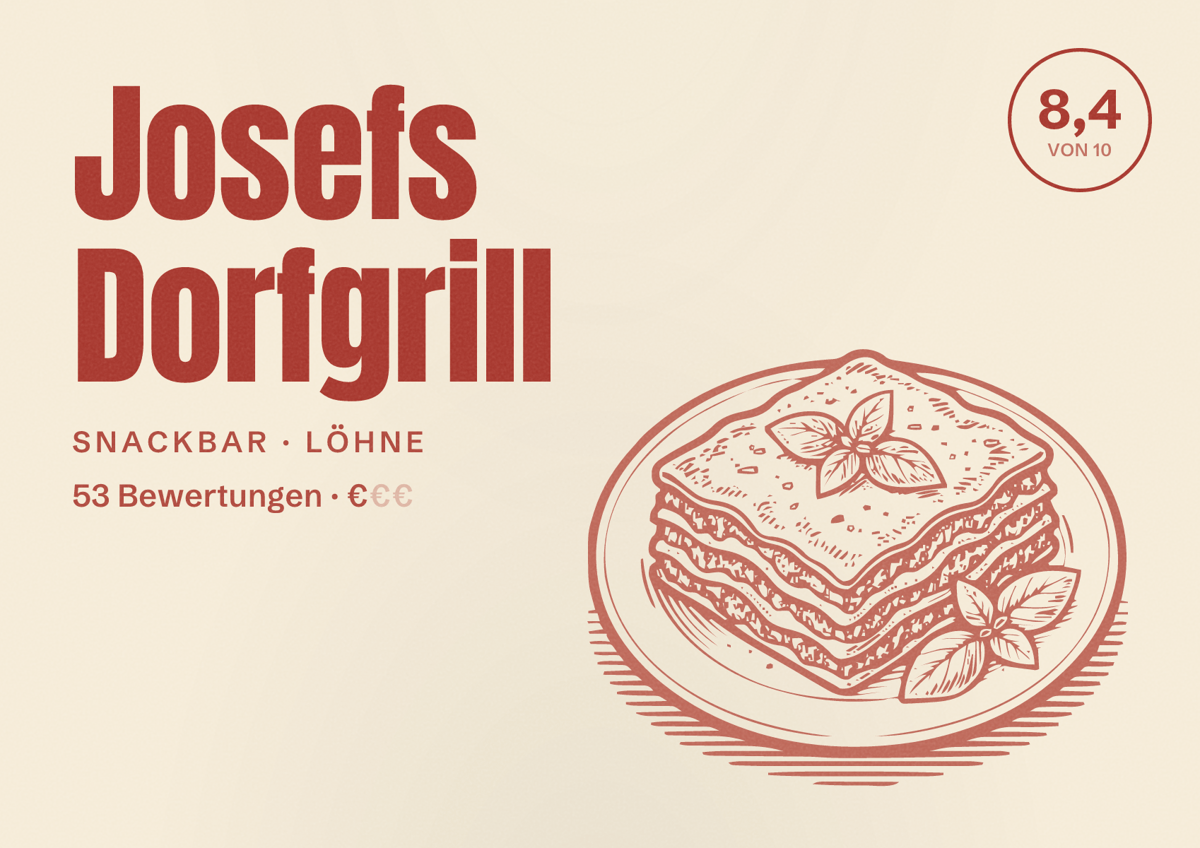 Illustriertes Poster von Josefs Dorfgrill, Snackbar in Löhne: Bewertung 8,4 von 10 aus 53 Bewertungen, Preisniveau €