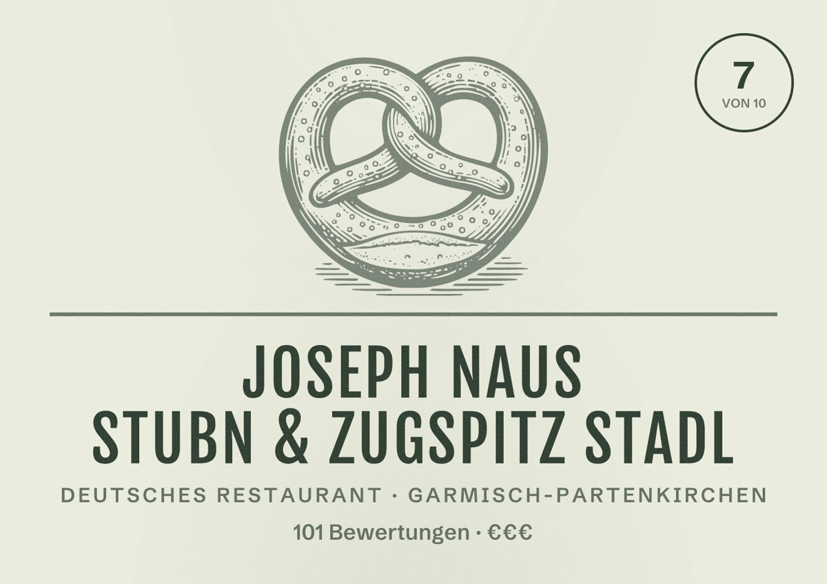 Illustriertes Poster von Joseph Naus Stubn & Zugspitz Stadl, Deutsches Restaurant in Garmisch-Partenkirchen: Bewertung 7 von 10 aus 101 Bewertungen, Preisniveau €€€