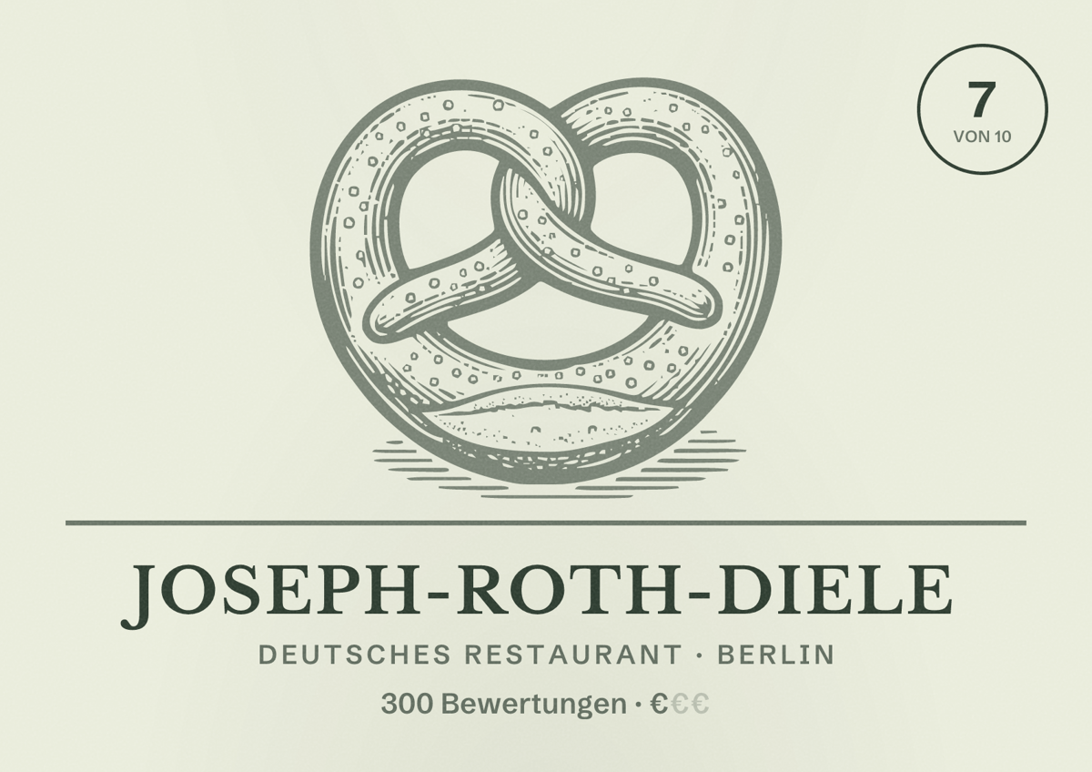 Illustriertes Poster von Joseph-Roth-Diele, Deutsches Restaurant in Berlin: Bewertung 7,0 von 10 aus 300 Bewertungen, Preisniveau €