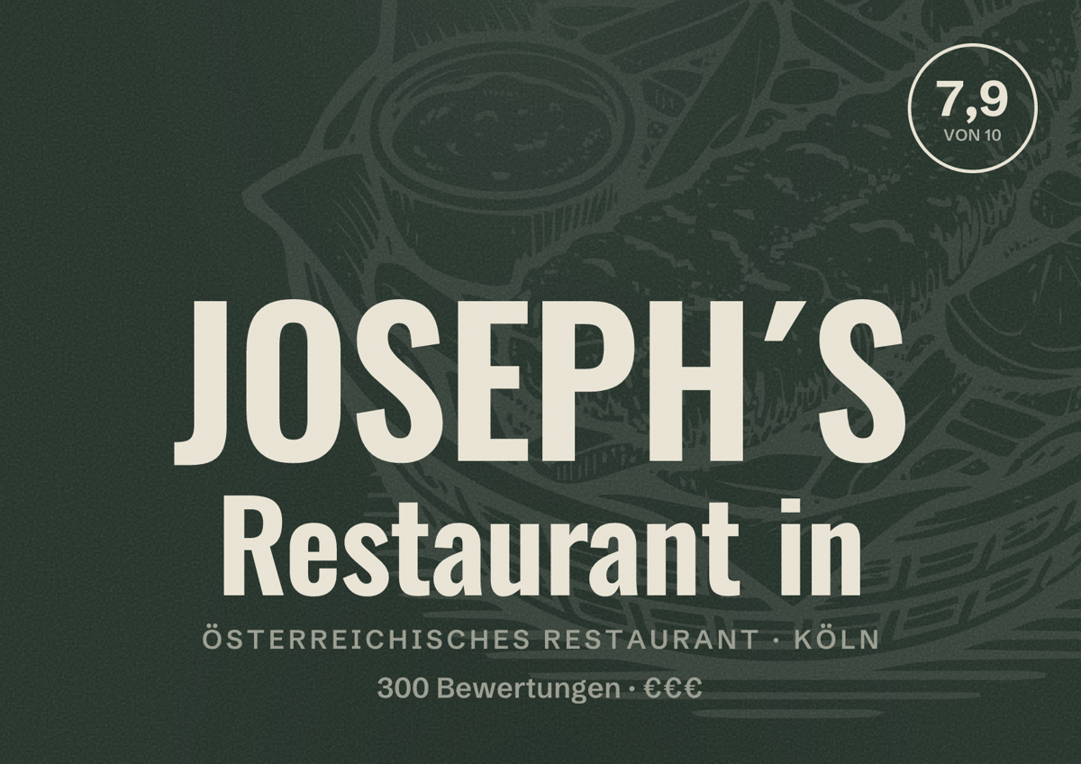 Illustriertes Poster von JOSEPH´S Restaurant in, Österreichisches Restaurant in Köln: Bewertung 7,9 von 10 aus 300 Bewertungen, Preisniveau €€€