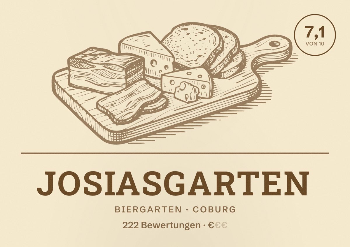 Illustriertes Poster von Josiasgarten, Biergarten in Coburg: Bewertung 7,1 von 10 aus 222 Bewertungen, Preisniveau €