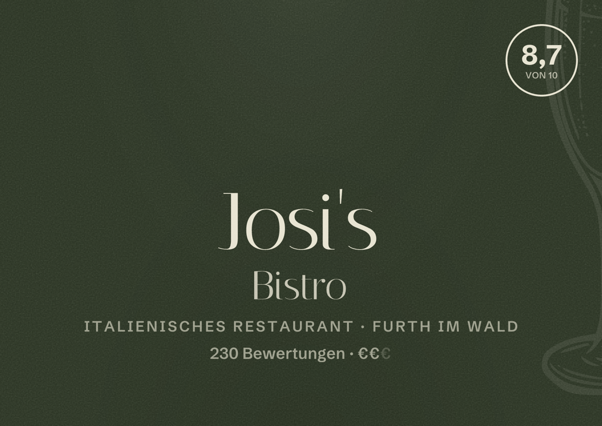 Illustriertes Poster von Josi's Bistro, Italienisches Restaurant in Furth im Wald: Bewertung 8,7 von 10 aus 230 Bewertungen, Preisniveau €€