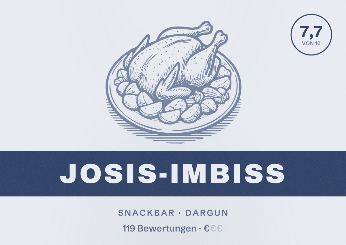 Illustriertes Poster von Josis-Imbiss, Snackbar in Dargun: Bewertung 7,7 von 10 aus 119 Bewertungen, Preisniveau €