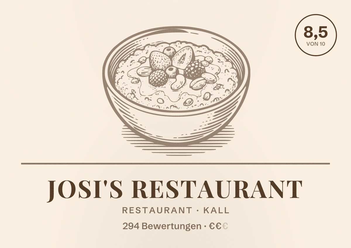Illustriertes Poster von JoSi's Restaurant, Restaurant in Kall: Bewertung 8,5 von 10 aus 294 Bewertungen, Preisniveau €€